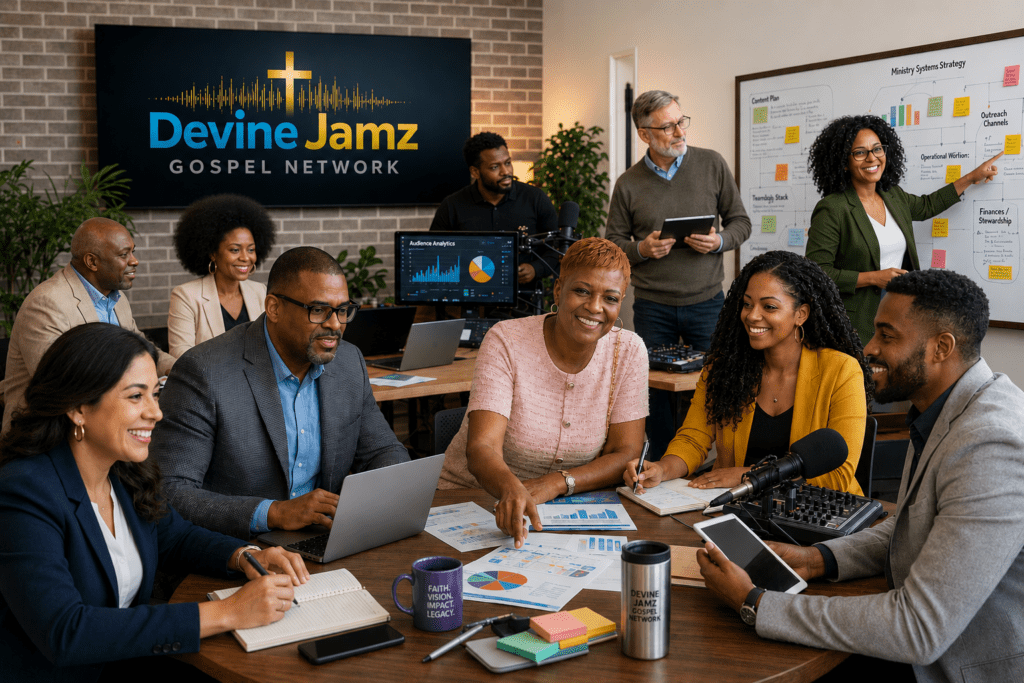 Building Sustainable Ministry Infrastructure for Long Term Kingdom Impact featuring diverse Christian ministry leaders collaborating through planning, leadership, communication, technology, and stewardship.